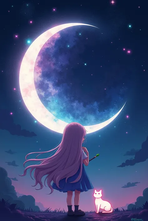  adorable chilbi style fantasy artwork with long hair, A thoughtful pose with fluttering hair , Holding a brush、 depicts a fascinating crescent moon from cosmic matter .  The interior of the moon is a fascinating blend of deep blue ,  purple , pink, star雲や...