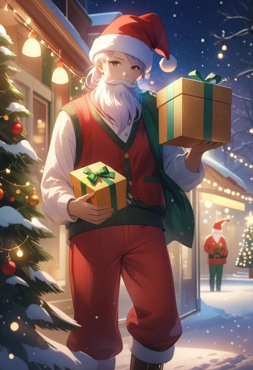 anime, 1 guy,  red vest ,  Christmas hat ,  white beard ,  Red Feather Pants , boots,  Holds a Gift in Hand , beautiful colors, bright colors,  Complex Details ,  background near a Christmas tree with garlands, beautiful lights, Night Buildings ,  New Year...