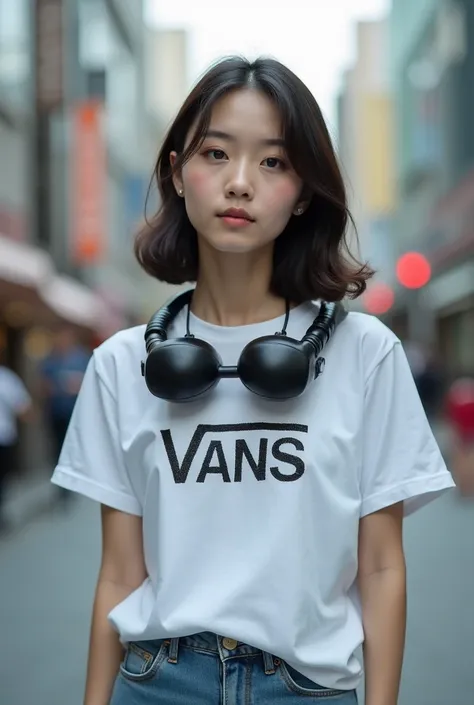 A Japanese woman wears a T-shirt made by Vans and attaches an electric massager on top of it