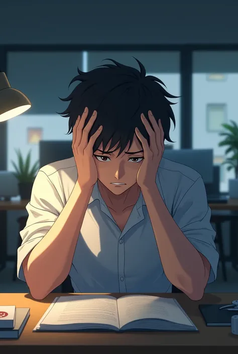 A man has mental fatigue  hold his hand bya hands and cannot focus on work.  Anime pic look realistic and pic from far 