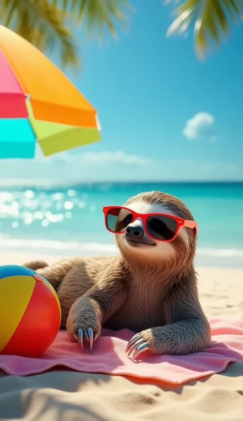 Imagine a relaxing beach scene featuring a sloth lounging on a towel on the sand, wearing stylish sunglasses and surrounded by beach accessories like sunscreen and a beach ball. The animal is basking in the warm sunlight under a colorful beach umbrella. Th...