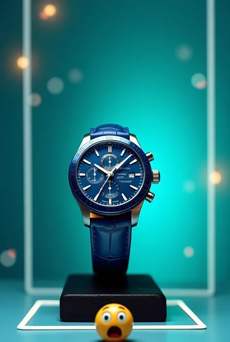 "Create a visually captivating composition featuring a blue wristwatch positioned in the center-right of the artwork. The watch has a bold, sporty design with a round dial showcasing intricate chronograph details, metallic silver accents, and a deep blue f...