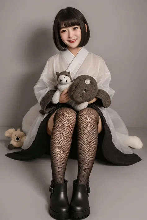 Im wearing a stuffed animal from the Japanese monster Godzilla,   bob-cut hair ,( best quality, masterpiece,  RAW photos , super detailed:1.2),  long boots:1.5,Black fishnet stockings,1 22-year-old Japanese girl,Alone, watching viewers ,  A dignified smile...