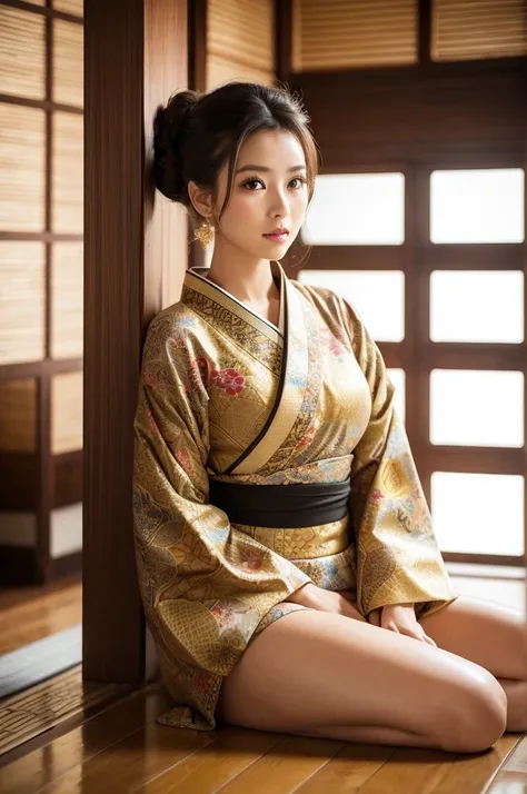  A boldly patterned kimono with a graceful gold accent, Shoulder out, Front,Sitting pose, Tilt your head slightly ,  updo hair, indoor, Bright natural light,  GROWING SKIN,Wooden floor,  Quiet and sophisticated atmosphere ,  shot from the front with soft f...