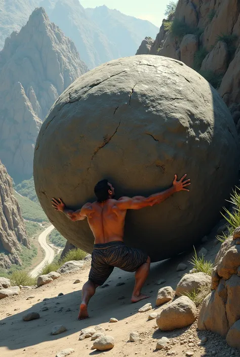 man pushing an enormous boulder up a hill