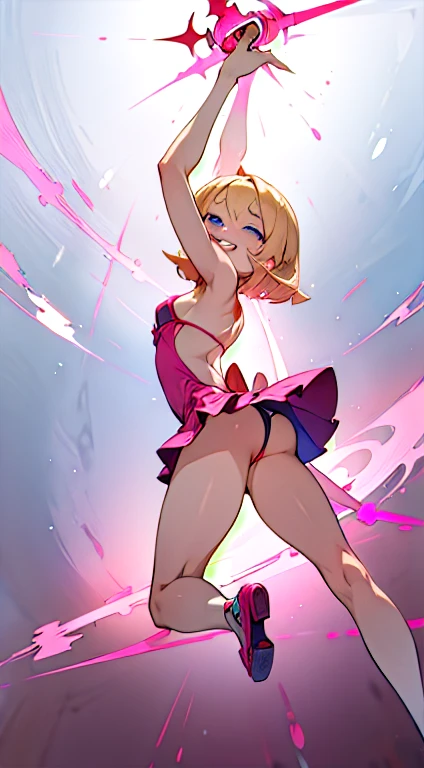  blonde bob haired girl, Blue eyes,  mini skirt pink Chinese dress, he was laughing a lot , pink beam sword ,bikini underneath, medium breasts, Minimalist ,Full body composition, sticking out his butt so much ,  back view、 stockings