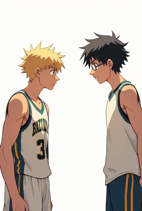 A blonde high school teenage basketball boy fighting with a nerd black hair high school teenage boy, but the nerd tall. Manhwa artstyle with background clean white