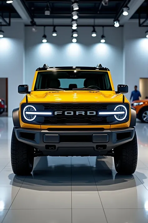 New 2025 new design ford Bronco front view yellow color shiny exterior showroom showcase background logo 