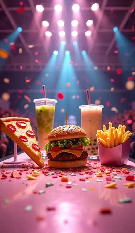 "A group of foods—pizza, avocado toast, bubble tea, burger, and fries—standing together at the end of the runway, each posing dramatically under a shower of confetti and flashing lights."