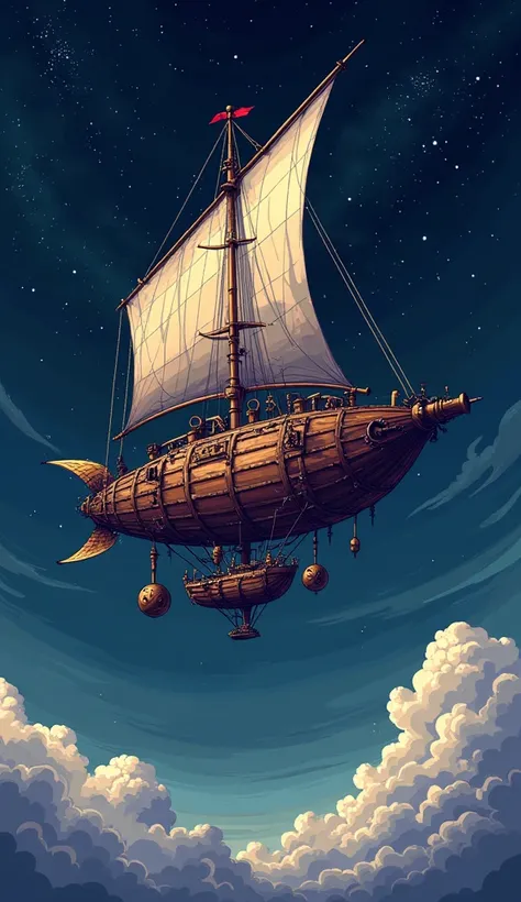 pixel art, ((1 a dirigible sail steampunk)), night, clouds, stars, (sky), top down view