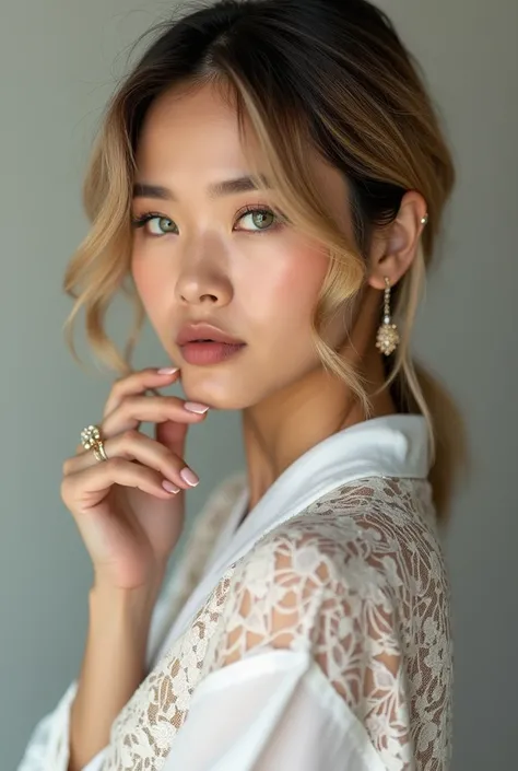 Photo from back Make up Korean Perfect face blonde and brunette  hair full botox  lips green eyes jewelery  asian lady lips green eyes fashionable mix of korean features Asian woman Asian From side Escort  a self-assured woman with a flawless short hair an...