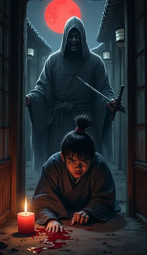  A Japanese villager hiding in a dark corner full of terror on his face,  watching the ghostly samurai with a katana dripping blood ,  while a translucent hand grabs him from behind , in a dark environment with extinguished candles ,  and a faint red moonl...