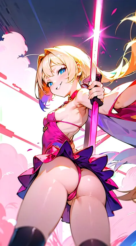  blonde bob haired girl, Blue eyes,  mini skirt pink Chinese dress, he was laughing a lot , pink beam sword ,bikini underneath, medium breasts, Minimalist , sticking out his butt so much ,  back view、 stockings