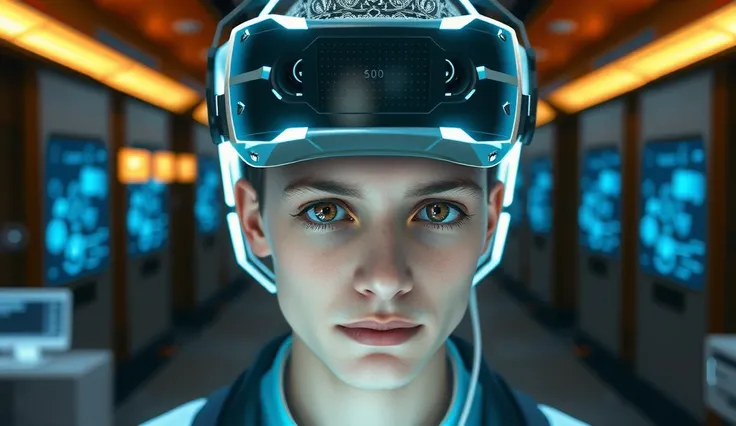 "Illustrate a futuristic scene of a person with advanced brain implants that allow direct immersion into the metaverse without the need for glasses or headsets. The brain implant is connected to their head, glowing subtly, with digital and holographic elem...