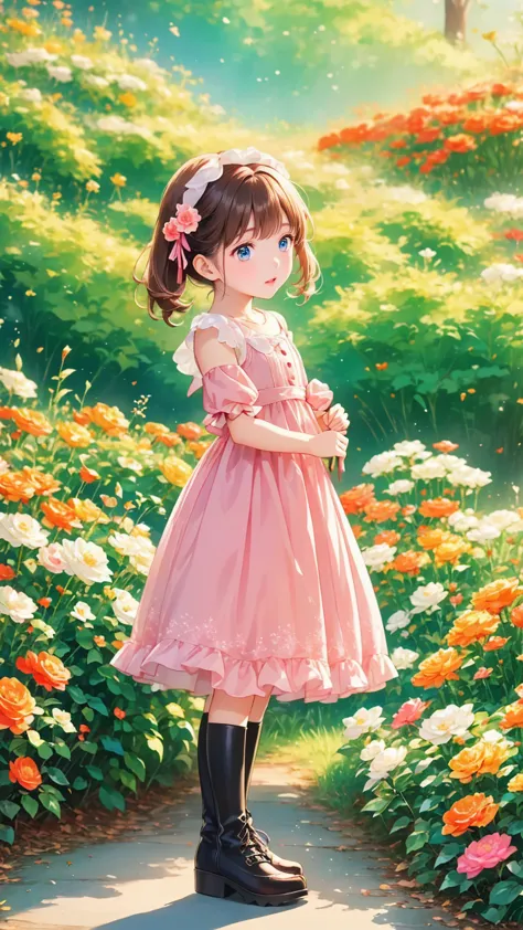 anime style、story、、   pretty girl 、とてもcute天使、  pink gothic dress  、cute、baby face、smile、  long skirt 、   black boots 、very cute ...