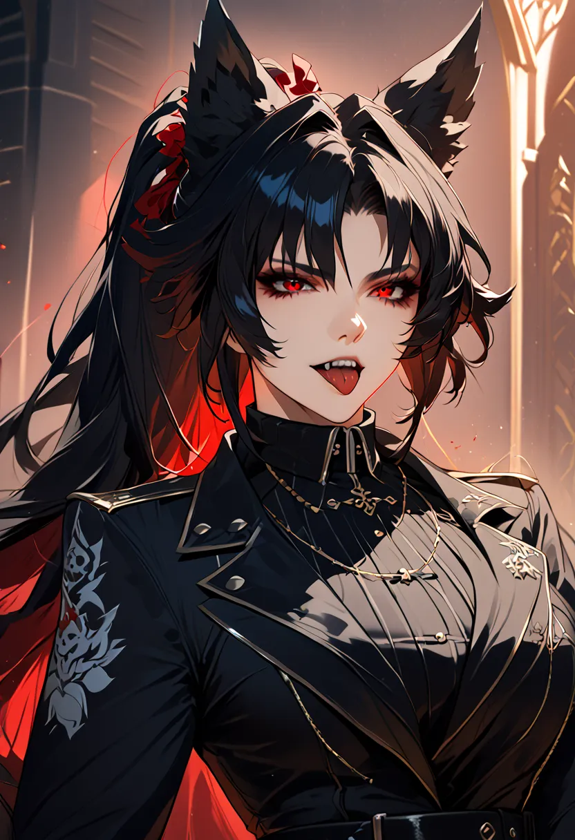 beautiful anime woman wearing a black military trench coat, tight black jeans pants, wolf ears, wolf tail, half wolf and half human, red eye color, black hair in a ponytail, light novel art, detailed anime art, anime, regal, royal, sexy, thicc, beautiful f...