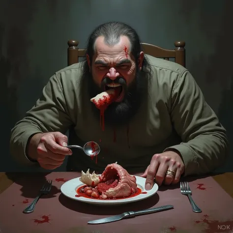 Cannibals breakfast: a cannibal at the dining table, with a plate with a human ear in front of him