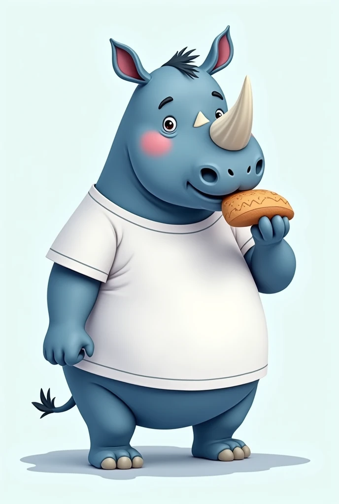 A cartoon blue rhino in a white t-shirt eats 