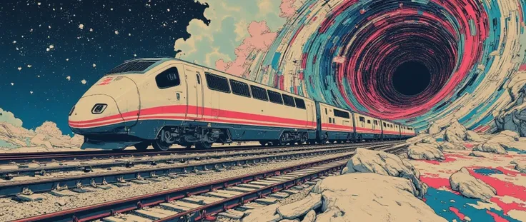 Surrealistic space scene with a large nebula and a high-tech train. The train is in focus and on camera. There is a black hole and a space-time tunnel in the background. In the style of Salvador Dali,aidmaHyperrealism,side view