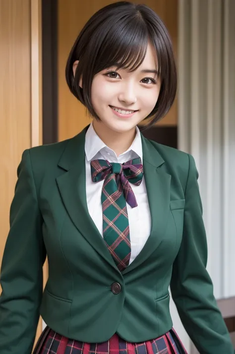 Matsuoka Mayufus High School Student 。 Dark Green Blazer Uniform 。 Plaid Pleated Skirt 。 Big Breasts 。A determined smile。 Short Cut Thats Just as Long as the sideburns