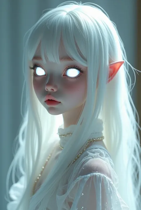 A girl with white skin and white eyes, Alien, Darling, low, Glass eyes, glowing eyes, beautiful, doll clothes, straight bangs, White hair, white clothes, shiny clothes,corne blanche 