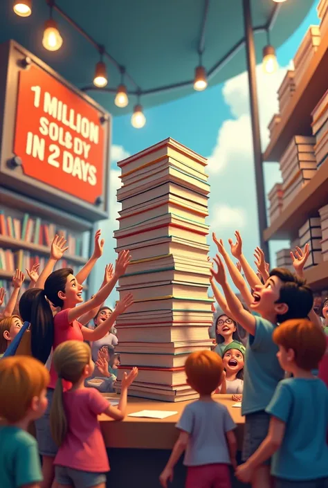 A stack of books being sold rapidly at a bustling bookstore counter, with customers eagerly grabbing copies, and a signboard showing "1 Million Sold in 2 Days."
3D young cartoon photo 