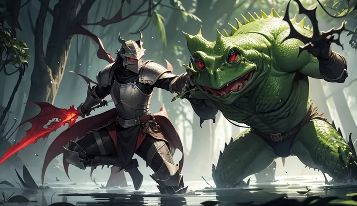 create a knight fighting a disgusting demonic frog with red eyes and scales in a swamp