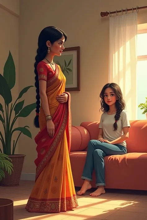 There are two girls in a living room. One girl is wearing a saree and her hair has braided and she is standing while other girl wearing a shirt and jeans sitting on the couch.