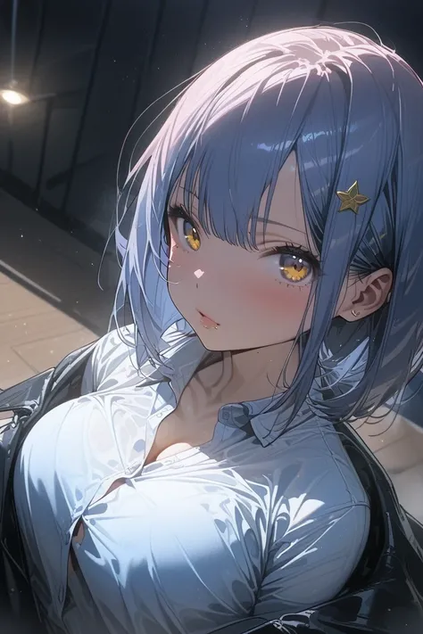 Suzu hoshizuki, blue hair, short hair, golden eyes, mole above the lips, Bigboobs, unbuttoned white button down shirt, Blue bra, Black Jacket, Red plated skirt, Black fishnet tights, classroom at night, down lighting, mastepiece, High Quality, High definit...