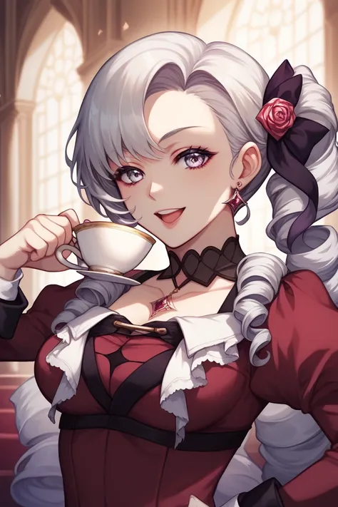 
“A lively and elegant anime-style character inspired by Hyakumantenbara Salome. She has long, wavy silver hair tied in a side ponytail with a dark ribbon. Her eyes are striking and filled with playful charm, featuring a warm pink hue. She wears a stylish ...