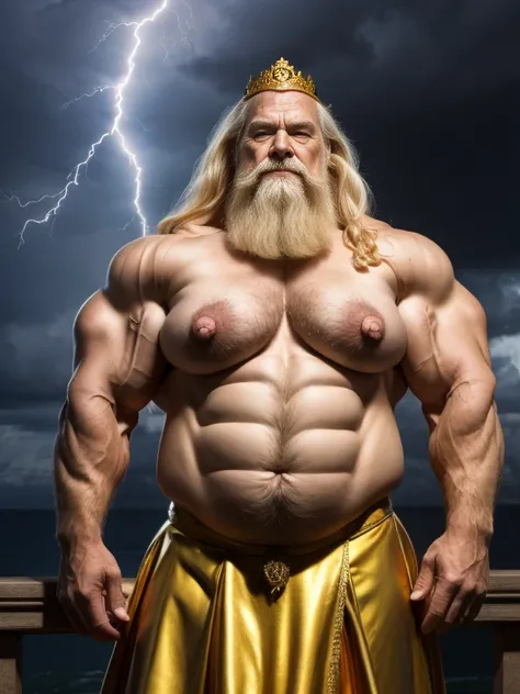 ((   Hyperrealistic image))   old god Zeus with a crown of golden laurels on his head , very long white hair and a large gray moustache shaped like a handlebar , Bare and hairy chest,     bodybuilder over 80 years old who weighs more than 200 kg     , with...