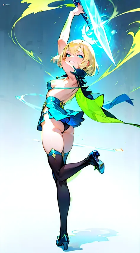   Blonde Bob Haired Girl , Blue eyes,  Mini Skirt Metallic Green Chinese Dress, he was laughing a lot , Blue Beam Sword ,bikini underneath, medium breasts, Minimalist , sticking out his butt so much ,  back view、 stockings、Full body composition