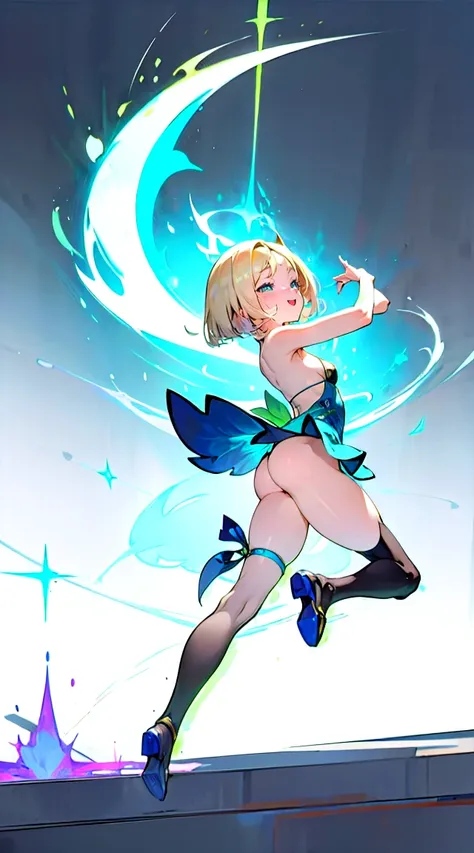   Blonde Bob Haired Girl , Blue eyes,  Mini Skirt Metallic Green Chinese Dress, he was laughing a lot , Blue Beam Sword ,bikini underneath, medium breasts, Minimalist , sticking out his butt so much ,  back view、 stockings、Full body composition