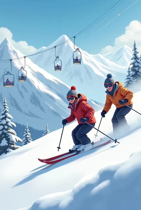 Winter landscape, a young woman skiing and a young man skiing down the ski slope,On the side of the slope, a ski lift .
