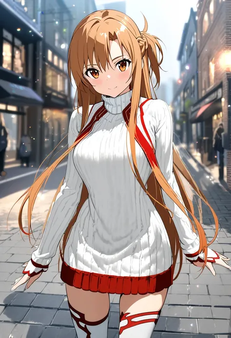 1girl, asuna (sao), sword art online, ,mock-neck sweater dress,knee-high socks,zattai_ryoiki,town,masterpiece, best quality, absurdres,ultra detailed,soft bokeh,depth of field