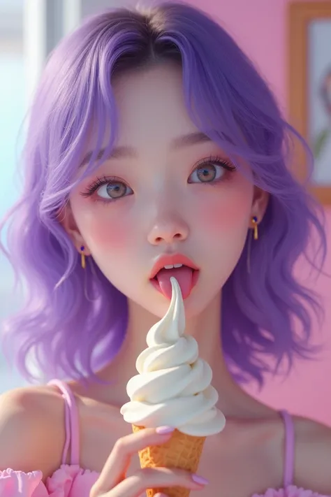 Korean girl with purple hair is licking ice cream