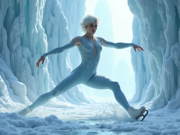 Caucasian male figure skater with white short hair Kai in an ice suit from the fairy tale "The Snow Queen" breaks out of the ice