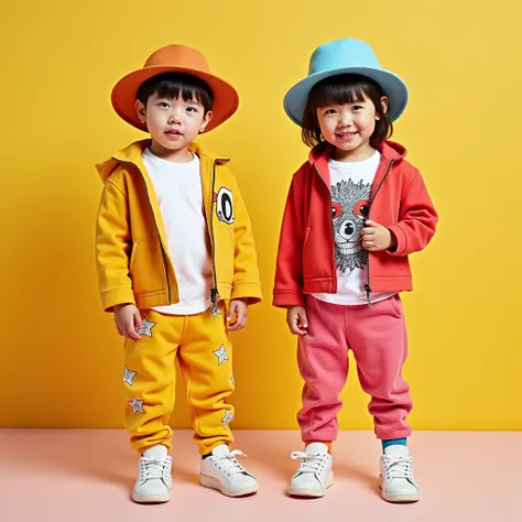 Korean boys and girls 8-. Fashion collection empowers creativity and individuality. Concepts:  clothing collection concept that can be customized in bright colors to express their unique personality.