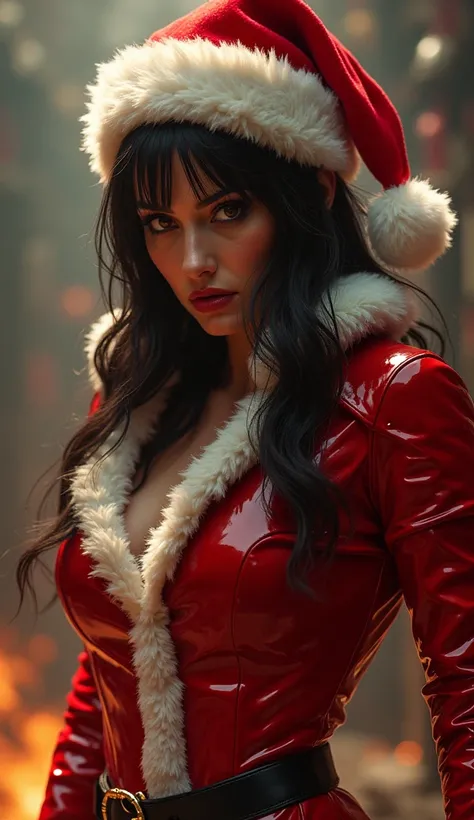 Elektra, wearing a santa claus jacket and hat, beautiful detailed eyes, beautiful detailed lips, extremely detailed face and eyes, longeyelashes, full body shot, intricate details, photo-realistic, hyperrealistic, 8k, high quality, masterpiece, cinematic l...