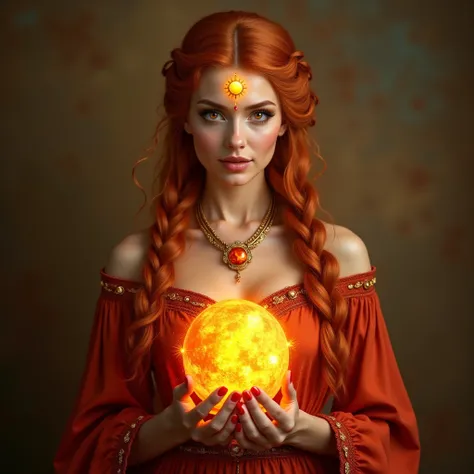  A beautiful 30-year-old woman .  Her hair is copper-red and very long ,  but tied in an elegant braid .  Her eye color is red .  Around her neck she wears an amber necklace .  The symbol of a sun glows on her forehead.  Most importantly to mention ,  that...