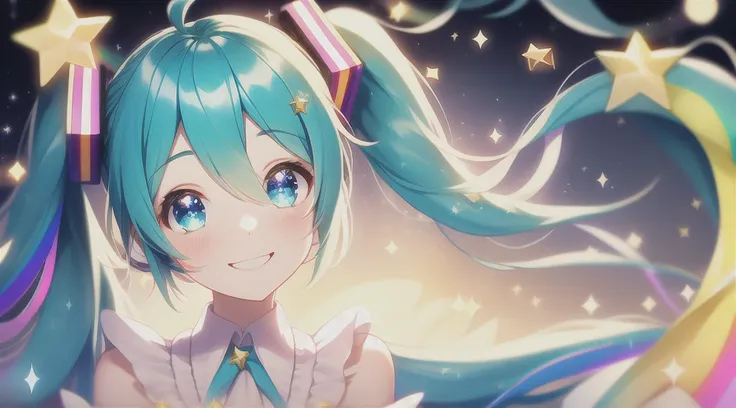 miku, Favorite , eye, love, eyes with twinkling stars, sparkling heart, fairy, beautiful smile, magic, mysterious worldview, spiritual, rainbow, tenderness, sparkling light, sparkle, fantasy, golden stars