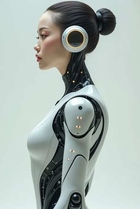 Create a realistic 4k portrait with high quality, a robot with a white and black robot body and the head of a beautiful Asian girl.Full body portrait 