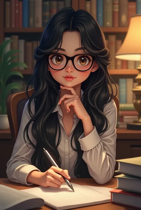 Girl dark long hair brown eyes glasses as psychologist 