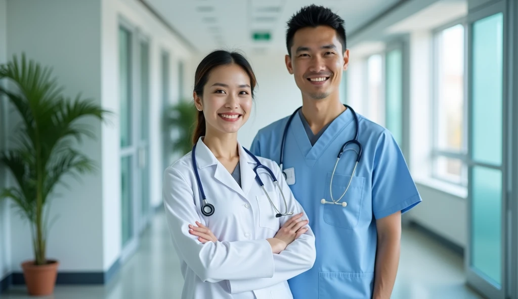 Create a realistic photo of a Thai doctor, a 40-year-old woman doctor, a 40-year-old man wearing a long white gown, standing in a private hospital, smiling happily in front of OPD.