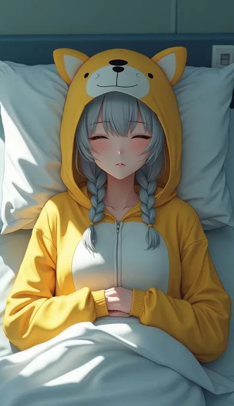   high definition ,  best quality, Gray Hair,hospital, on the bed、 1 girl ,  girl、Kigurumi pajamas、big hood、Yellow pajamas、dog ear pajamas , Very detailed, closed eyes, oversized pajamas,woman,photograph,reality, short hair, braids , is sleeping,全身photogra...