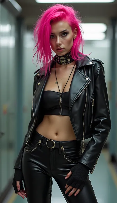 Beautiful woman, dyed pink hair, sexy leather clothes, cyberpunk style, realistic detailed, portrait, bad ass, punk rock, rebel, sexy, full body shot