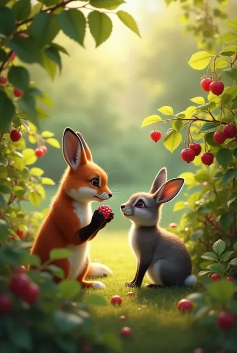 Rabbit saw the fox eating berries 