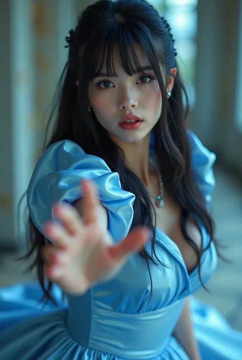 a woman with long dark hair and bangs, wearing a shiny satin lolita style, knee length light blue dress with short puffed sleeves, is leaning towards you, reaching our her hand to lead you on