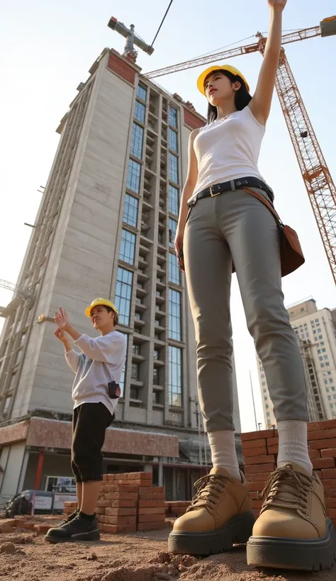 A stunningly beautiful Korean giantess construction worker, extremely massive and towering, carefully building a skyscraper as if stacking toy blocks. She is interacting with tiny, normal-sized workers on the building floors: gently handing them a steel be...