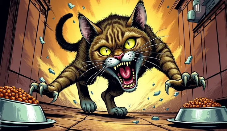 A detailed retro comic book illustration of an angry, ferocious cat, baring its sharp teeth and claws, fur bristling with rage. The style is reminiscent of 1950s-1960s American comic art, with bold ink outlines, vibrant colors, and halftone textures. The b...